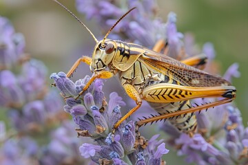 Macro of Vibrant Grasshopper on Lavender Flowers - Nature, Wildlife, Insect Photography