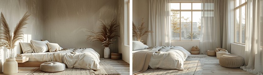 Minimalist bedroom monochrome palette wooden accents large windows simple decor Modern 3D Rendering