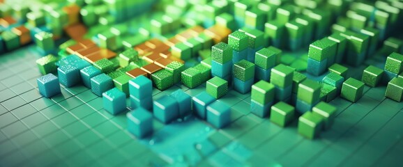 Close-up of 3D periwinkle blocks creating a positive stock market graph, indicating financial success on a green background.