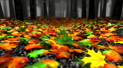 A close-up of a vibrant assortment of colorful leaves, showcasing a variety of red, pink, and orange hues with a dewy texture.
