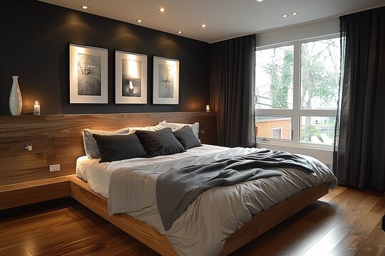 Minimal bedroom white bed linen grey accent wall wooden flooring simple decor Modern Photography