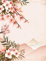 blossom background. elegant floral mountain landscape in japanese style featuring delicate pink blossoms and serene mountains, ideal for nature-inspired and artistic designs with an asian aesthetic