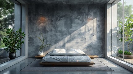 Minimal bedroom white bed linen grey accent wall wooden flooring simple decor Modern Photography