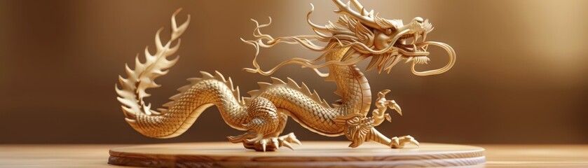 Fototapeta premium A gold dragon statue sits on a wooden pedestal
