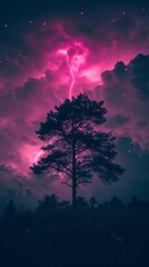 Fototapeta premium Lone tree with vibrant pink lightning in night sky