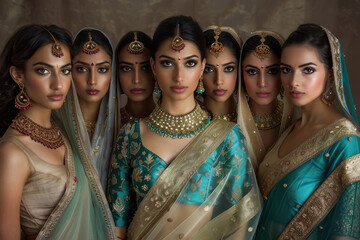 a small group of indian women having fun together, use turquoise and gold colour accents.