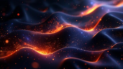 Obraz premium This artwork presents vibrant waves with fiery highlights and floating particles in a dynamic and abstract composition