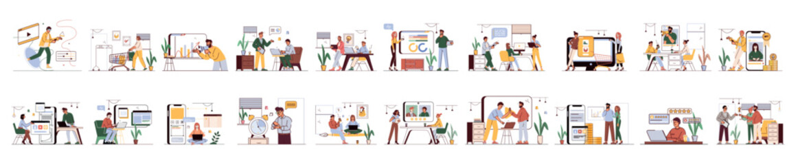 Mega set of linear color concepts with people scene in flat cartoon design. A big collection of scenes with men and women in various situations. Vector illustration.