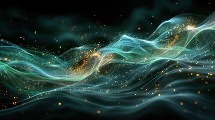 Digital 3D Holographic Representation of Life's Origin with Flowing Green and Blue Light Lines on Black Background