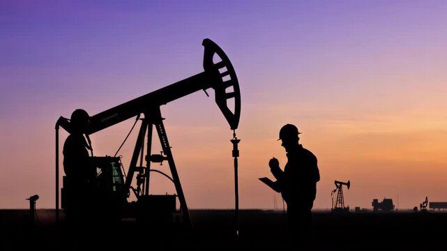 Crude oil production. Workers engineers work next to oil pump rigs silhouette. Gas industry. Mineral deposit. Industrial concept.