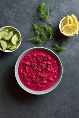 Beet cream soup with yogurt, cucumber and dill