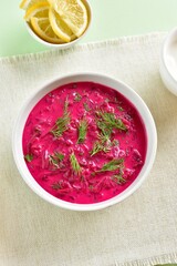 Cold summer beetroot soup, top view
