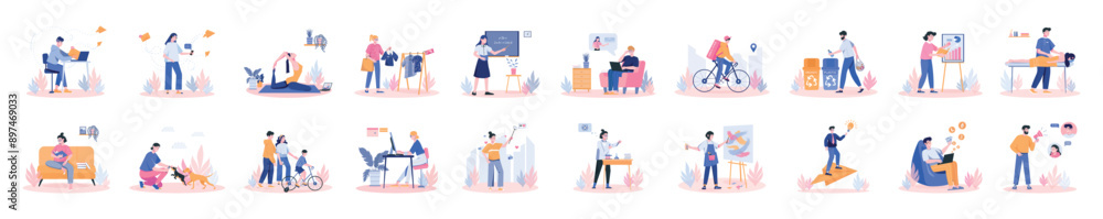Poster bundle of concepts in soft colors with people scene in flat cartoon design. the set of illustrations