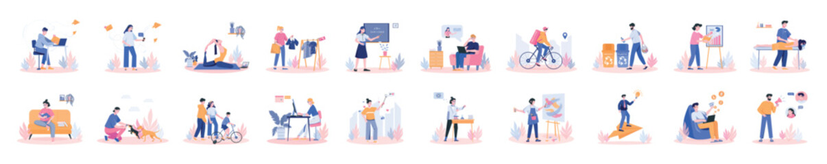 Bundle of concepts in soft colors with people scene in flat cartoon design. The set of illustrations are done in soft colors and cover a variety of topics. Vector illustration.