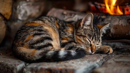 A cat sleeping in front of a fireplace.