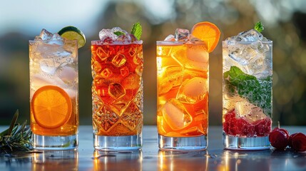 Summer Cocktail Collection: Vibrant highball glasses brimming with refreshing cocktails, adorned with fresh fruit, herbs, and glistening ice, set against a warm bokeh background. 