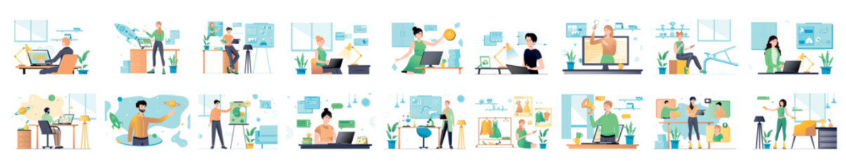 Mega set of blue and green concepts with people scene in flat cartoon design. Startup, cyberspace, sports, medicine, science and many other topics are depicted in this collection. Vector illustration.
