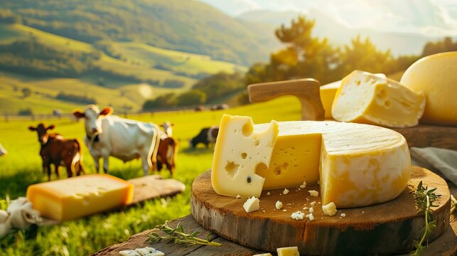 A cheese board with slices of cheese and cows.