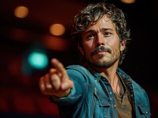 Fototapeta premium Confident Startup Founder Pitching with Pointing Finger in Dark Background - Editorial Digital Art