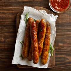Roasted juicy thin sausages on wooden background