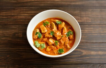  Indian dish chicken tikka masala in bowl on wooden background