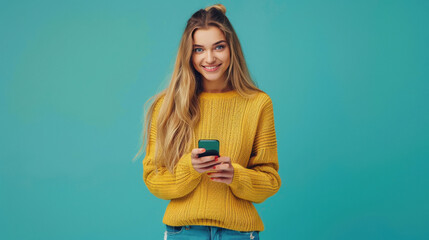 young woman in yellow sweatshirt using smartphone