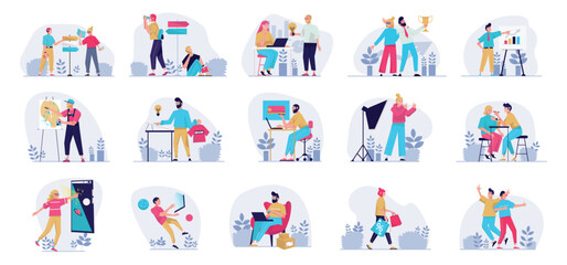 Fototapeta premium Bundle of minimal concepts with people scene in flat cartoon design. Each scene in this collection is filled with details that convey the atmosphere and mood of the characters. Vector illustration.