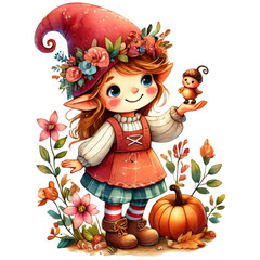 Whimsical Gnome with Pumpkin Illustration.