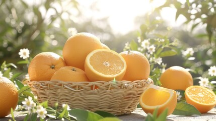   A basket brimming with oranges sits atop wooden table, surrounded by leaves and flowers