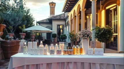 A table with white cloth is set up on the outdoor courtyard of an hotel, displaying various cosmetics and beauty products. Generative AI.