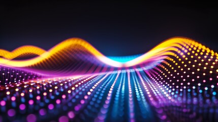 Abstract digital wave of glowing particles and wireframe mesh flowing on black background