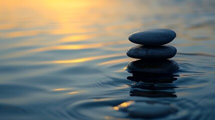 a stack of rocks sitting on top of a body of water with the sun in the background