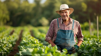 A man in a straw hat and blue overalls stands in a field of green plants