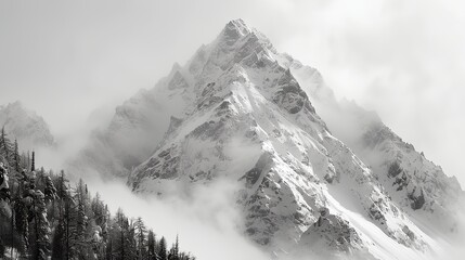 a mountain covered in snow and surrounded by trees in the foggy day