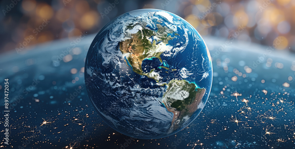 Poster flat view of earth from space, focusing on continents and countries, with realistic textures and col