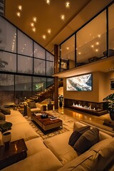 Naklejka premium A modern living room with large windows and a fireplace.