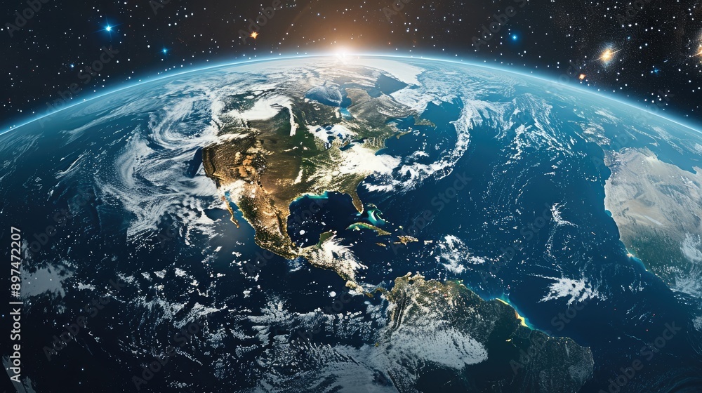 Poster flat view of earth from space, focusing on continents and countries, with realistic textures and col