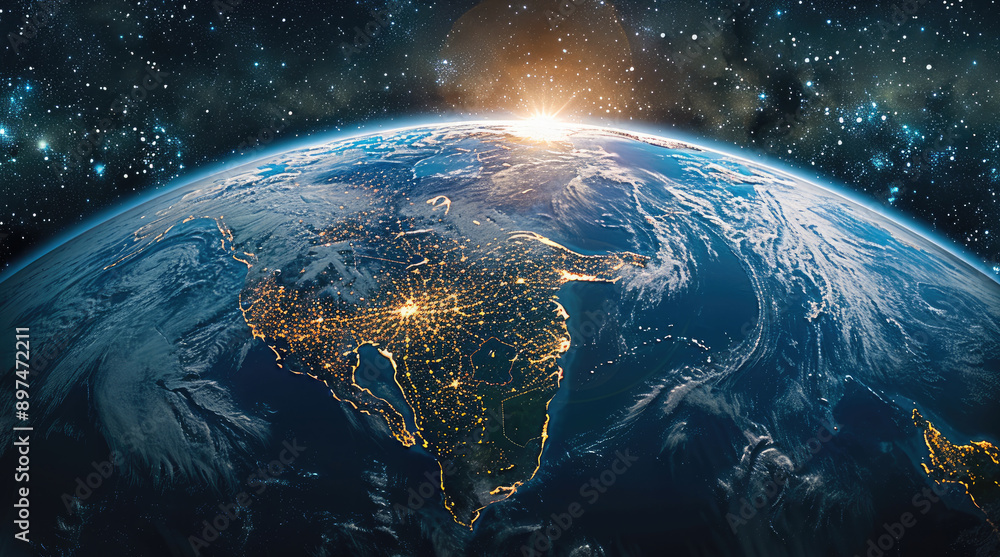 Poster Flat view of Earth from space, focusing on continents and countries, with realistic textures and colors. Generative AI.