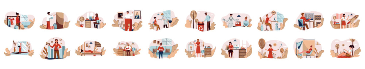 Fototapeta premium Bundle of concepts in warm colors with people scene in flat cartoon design. A huge collection of vivid illustrations depicting men and women in various situations. Vector illustration.