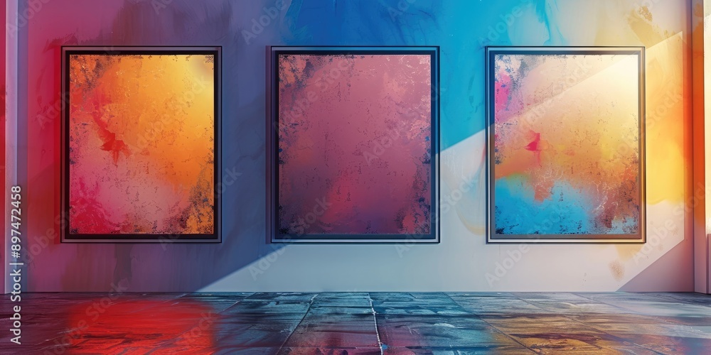 Leinwandbilder vertical arrangement of three empty square frames on a colorful wall, gently lit. generative ai.