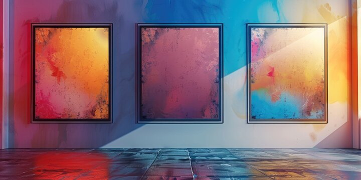 Vertical arrangement of three empty square frames on a colorful wall, gently lit. Generative AI.