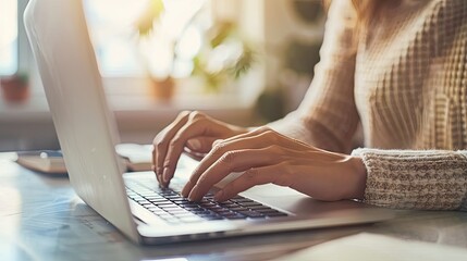 Businesswoman's hands typing on a laptop keyboard, working online at a modern workplace, showcasing remote work and teleworking.