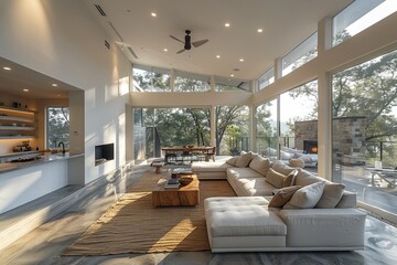 Fototapeta premium Modern living room sleek furniture minimal decor white walls large windows bright natural light Contemporary Photography