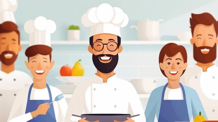 An illustrated team of chefs, with varying appearances and uniforms, stand together in a kitchen, showcasing teamwork and joy in a vibrant and friendly culinary environment.