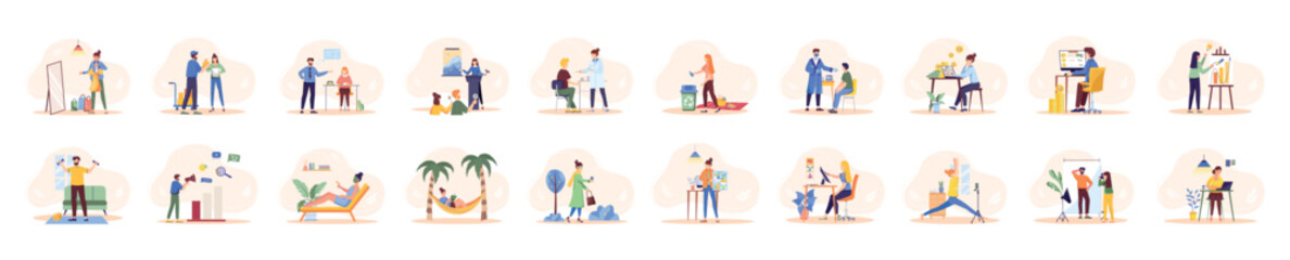 Fototapeta premium Mega set of simple concepts with people scene in flat cartoon design. The topics of these minimalistic illustrations include business, shopping, hobby, auction, earning and more. Vector illustration.