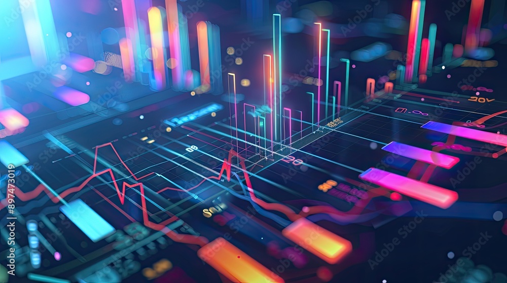 Poster floating charts displaying company's annual financial report, emphasizing 2025 data statistics and b