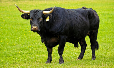 Animal husbandry. Large domestic bull with ear tags. Generative AI