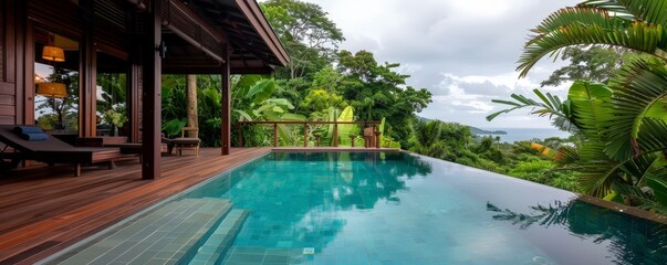 Tranquil Infinity Edge Spa Pool with Lush Tropical Gardens and Copy Space, Serene Setting and Deep Depth of Field