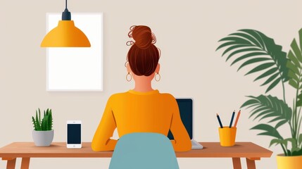 A woman sits at a desk working on a laptop with a smartphone beside her. The workspace is minimalist with plants and stationery. A hanging lamp provides light.