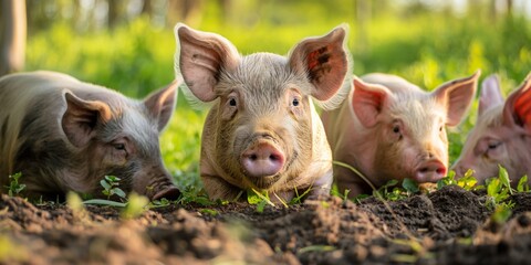 Three pigs are laying in the grass, one of which is looking at the camera. The scene is peaceful and calm, with the pigs enjoying the outdoors